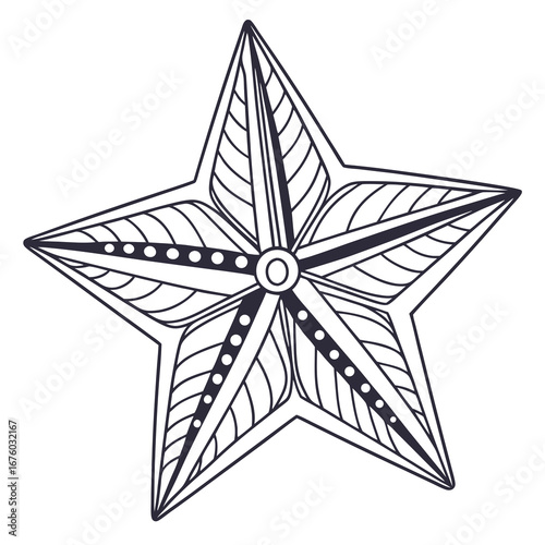 Intricate five pointed star with decorative patterns and dots in a dark outline