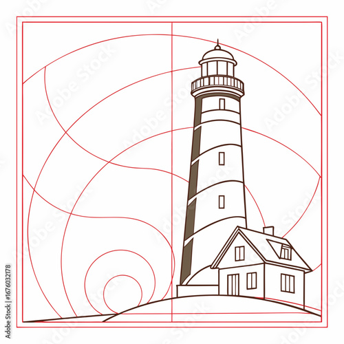 Lighthouse and dwelling with golden ratio spiral overlay and geometric guidelines