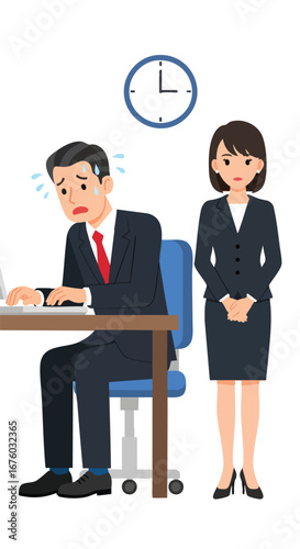 Stressed businessman working late with female colleague observing