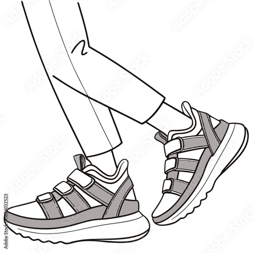 Stylish modern sneakers with velcro straps worn by a person in trousers