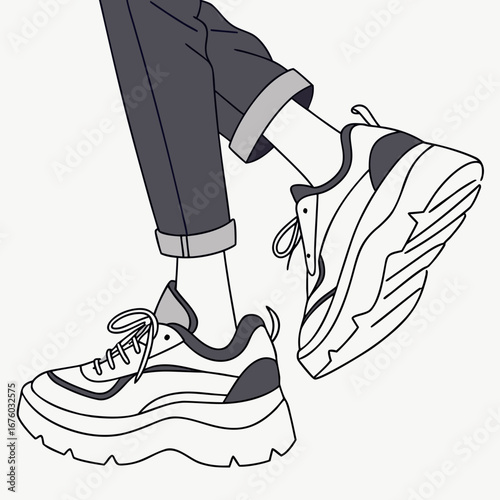 Stylish person wearing chunky sneakers with rolled up pants and white socks