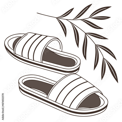 Stylish striped slide sandals resting near a delicate leafy branch on a white background