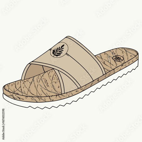 Stylish tan slide sandal with a leaf logo and unique patterned footbed