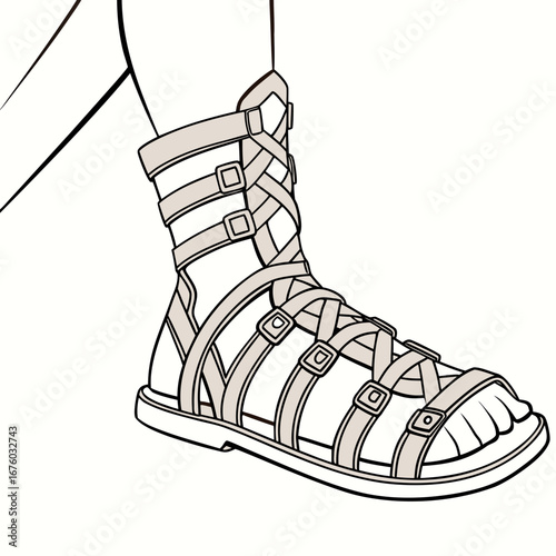 Stylized illustration of a foot wearing a detailed ancient roman gladiator sandal