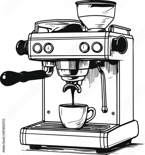 Continuous line doodle of a modern espresso machine with coffee pouring, black ink minimal style 2