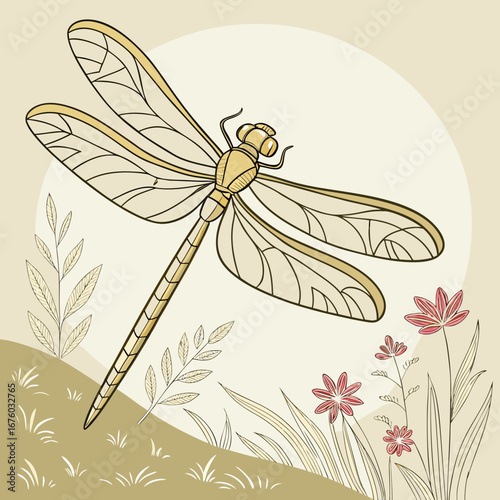 Stylized illustration of a golden dragonfly hovering over a meadow with flowers and grasses