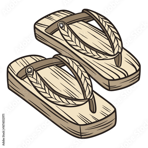 Traditional japanese wooden geta sandals with woven straps isolated on white background