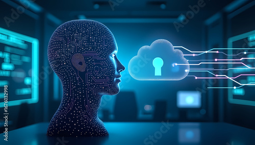 Futuristic AI Cybersecurity Concept – Neon Blue Circuit Head