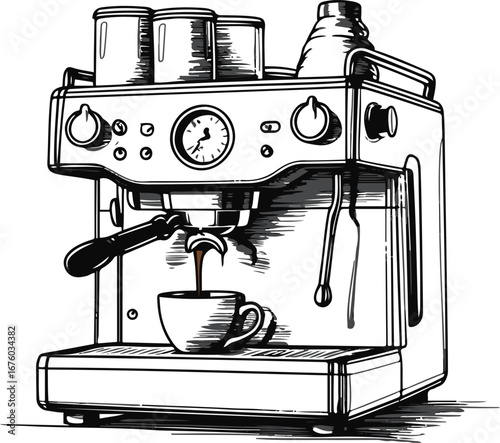 Continuous line doodle of a modern espresso machine with coffee pouring, black ink minimal style 3.