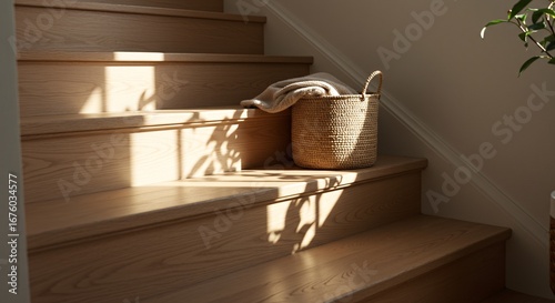 Cozy home interior with a wicker basket and blanket on a wooden staircase bathed in warm morning sunlight. Serene scene with soft shadows, a concept of hygge, home organization, and slow living.