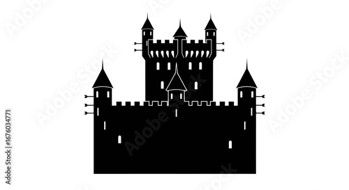 Silhouette of a Medieval Castle with Towers and Battlements.