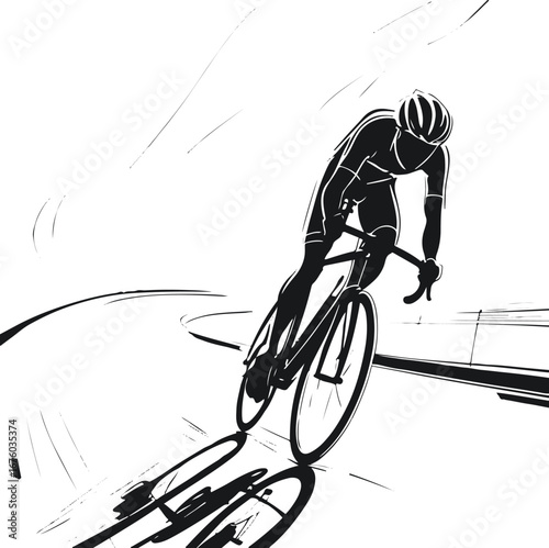 Dynamic continuous line sketch of a cyclist speeding on a road, minimal silhouette 2