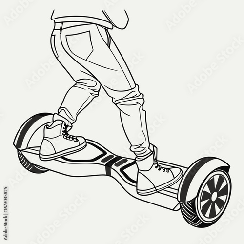 Close up line art drawing of a person riding a self balancing electric scooter outdoors