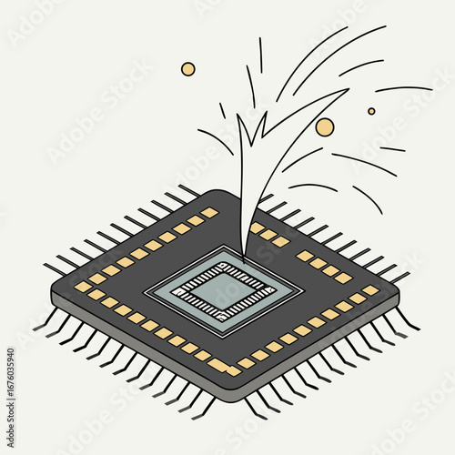 Computer processor chip with a sharp point piercing its surface symbolizing damage or failure