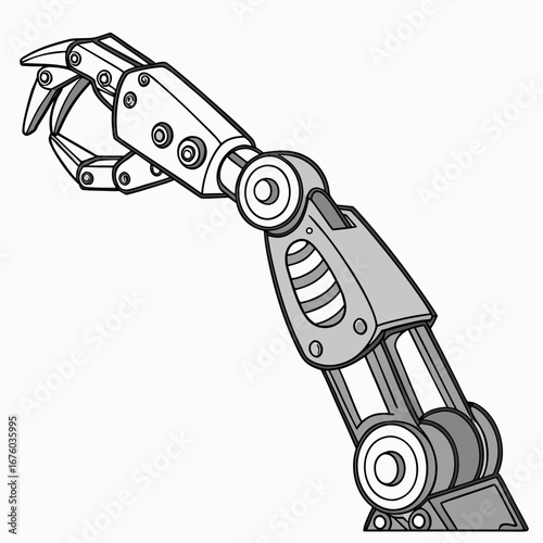 Detailed illustration of a robotic arm with a mechanical claw and segmented joints against a white background