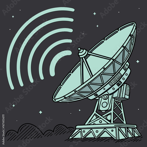 Illustration of a large satellite dish transmitting signals into a starry night sky