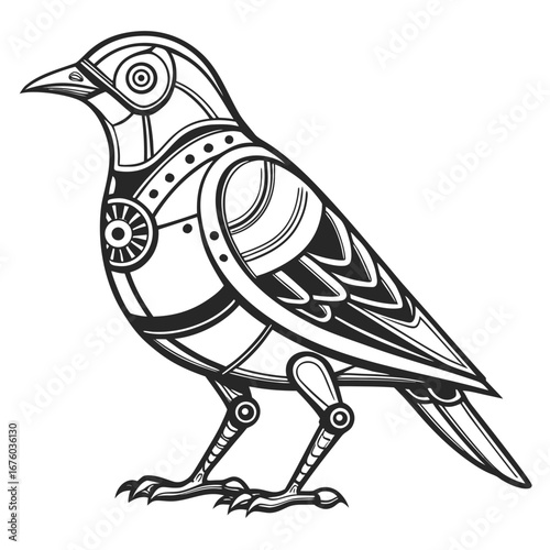 Intricate mechanical bird illustration with detailed gears and segmented body parts on a white background