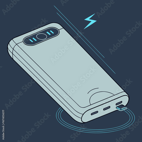 Modern portable power bank device charging with a usb cable and energy lightning bolt symbol