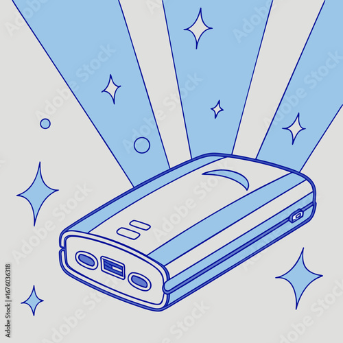 Modern portable power bank with blue accents and glowing starbursts on a light gray background