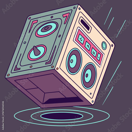 Retro boombox speaker system floating in air with sound waves emanating from below