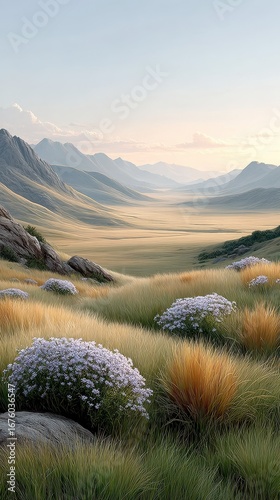 A serene valley landscape with wildflowers, tall grasses, and distant mountains under a soft, pastel sky at sunrise.