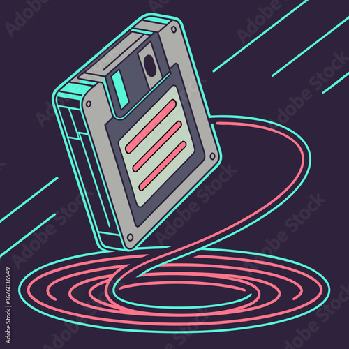 Retro floppy disk with glowing neon lines creating a swirling vortex on a dark background
