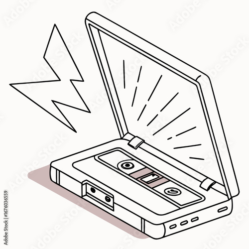 Retro cassette player with open lid and sound waves emanating symbolizing music and nostalgia