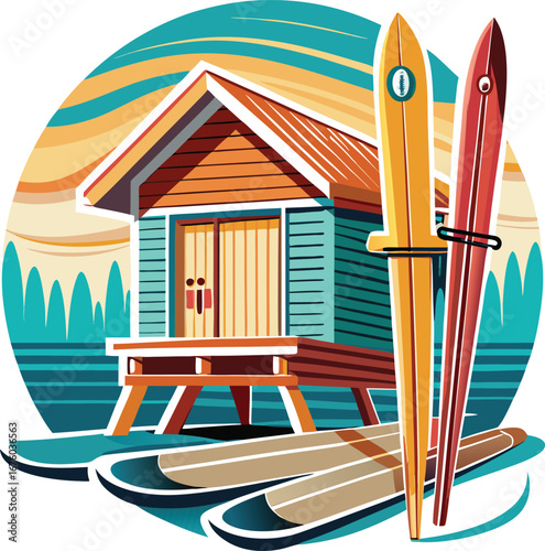 Stylish Teal and Orange Snowboard Bindings Illustration