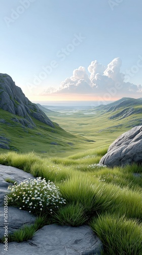 A serene green valley with distant mountains, wildflowers, and a blue sky filled with fluffy clouds.