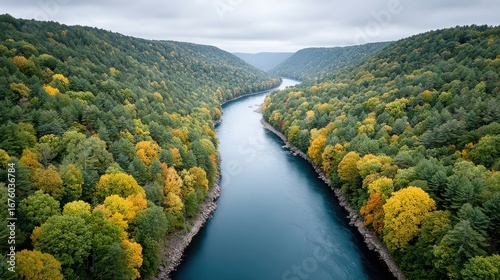 A winding river flows between dense, colorful forests under a cloudy sky, showcasing a serene, natural landscape.