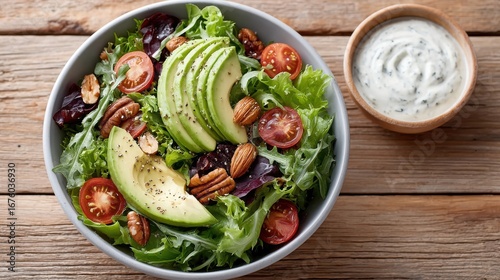 Fresh green salad with avocado, cherry tomatoes, pecans, and a side of creamy herb dressing on a rustic wooden table.