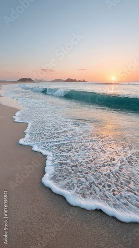 Tranquil waves gently wash onto a sandy beach at sunrise, creating a serene and peaceful coastal scene.