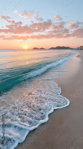 Serene sunrise over a sandy beach with gentle waves and distant mountains under a colorful sky.