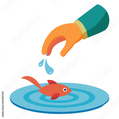 Caring hand gently offers water drops to a small orange fish swimming in a blue circular pool, symbolizing nurturing and life support in a vibrant, simple style.
