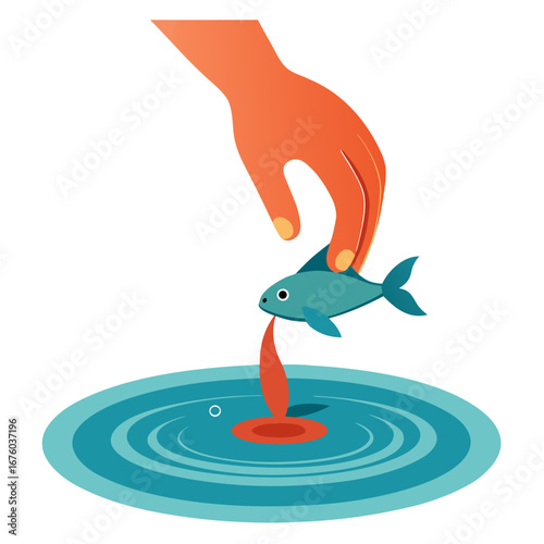 Generosity flows from helpful hand releasing vibrant fish creating ripples of abundance impacting clear water symbolizing positive impact and growth