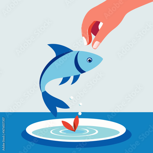 Delicate hand offers tiny red treat to playful blue fish jumping from water onto pristine white plate creating ripples of anticipation for gourmet dining experience