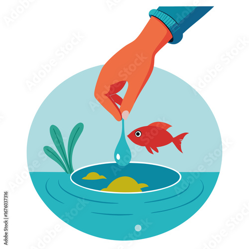 Caring hand gently adds a vital drop of water to a small fishbowl ecosystem, symbolizing nurturing life and environmental stewardship with a vibrant red fish swimming peacefully.