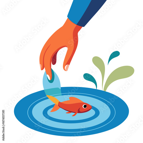 Gentle hand releases vibrant orange fish into rippling blue water, symbolizing care, nature, and new beginnings with a touch of playful movement.