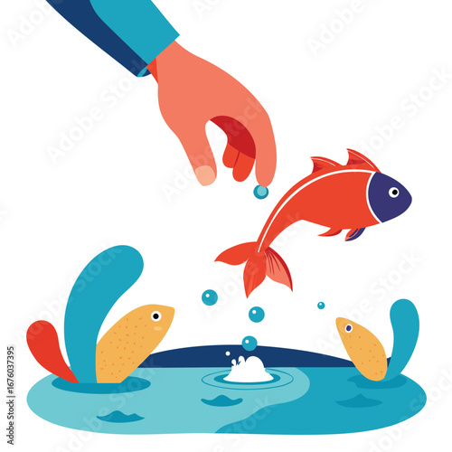 Joyful hand gently feeding colorful fish in vibrant aquatic scene, bringing life and happiness to shimmering blue water, perfect for kids' stories and nature promotions.