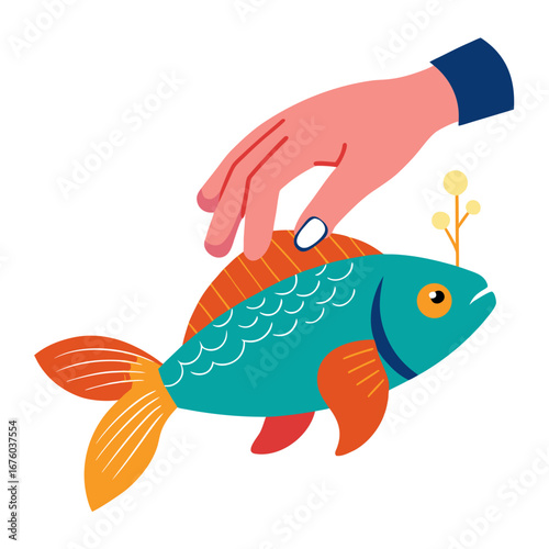 Gentle hand petting vibrant turquoise fish with orange fins, symbolizing care, connection, and the beauty of aquatic life in a charming, stylized depiction.