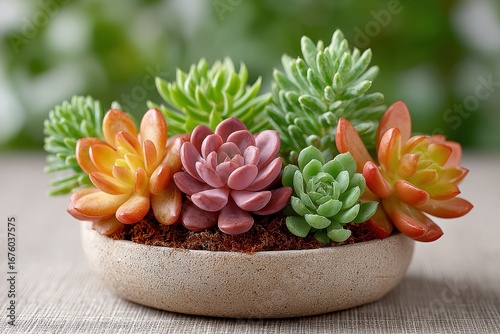 A decorative bowl featuring colorful succulent plants in a natural arrangement on a neutral background.