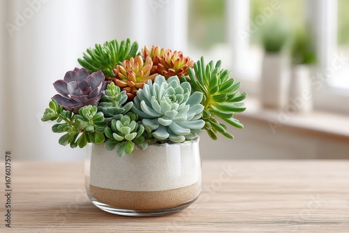 A glass pot filled with colorful succulents sits on a wooden table with a bright, blurred background.