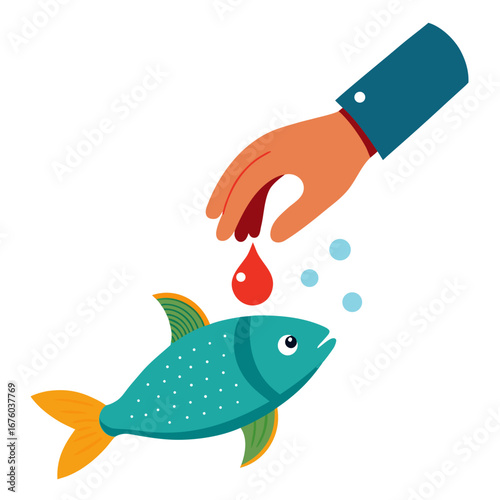 Generous hand offers vital drop to curious fish, symbolizing care, nurturing, and life's precious resources being shared with hope and attention.
