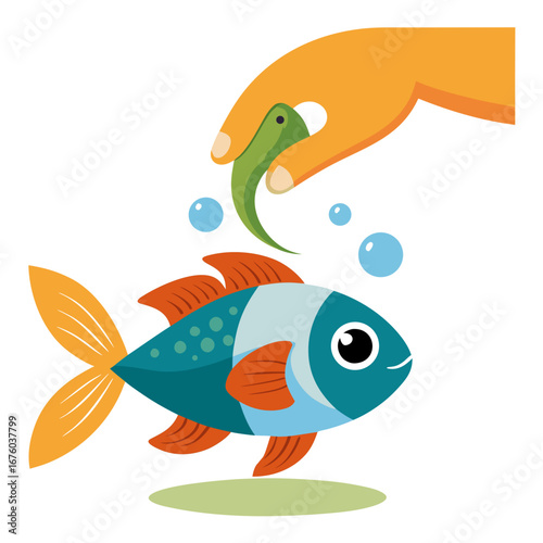 Delightful cartoon fish happily receives a healthy green food treat from a caring hand, surrounded by playful blue bubbles, illustrating positive pet care and aquarium enjoyment.