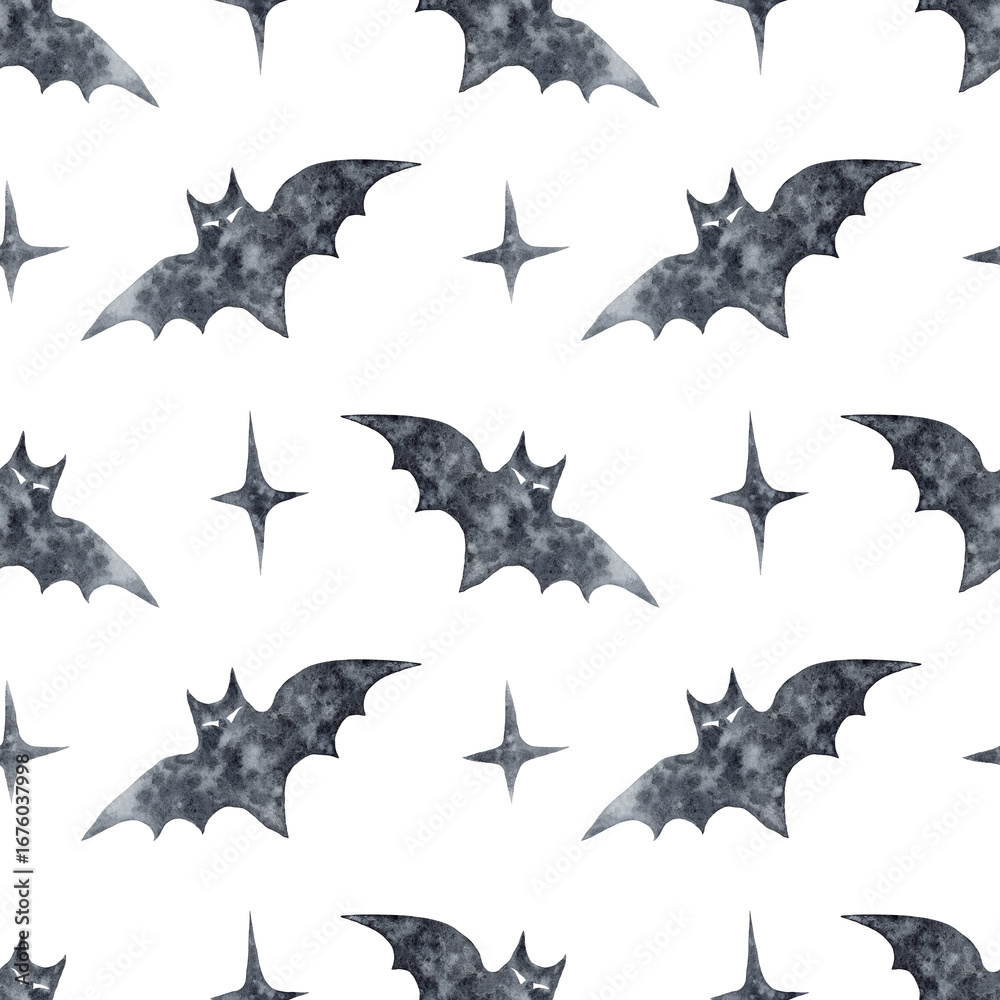 Fototapeta premium Seamless background for halloween bat and stars at night on white black watercolor grainy with texture hand drawn