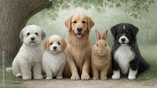 Five cute pets-four dogs and a rabbit-sit together outdoors under a tree, posing for a charming group photo.