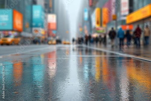 Wet city street reflects colorful lights and blurred crowds on a rainy day, with taxis and vibrant billboards in the background.