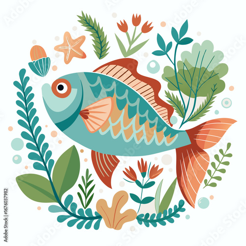 Charming teal fish swims amidst vibrant underwater flora and fauna creating a whimsical aquatic scene perfect for children's books or playful designs