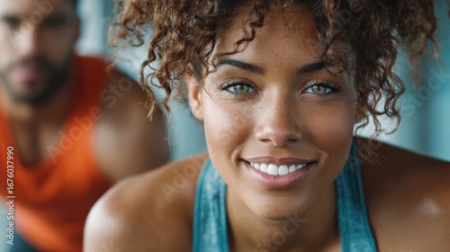 A woman smiles confidently at the camera during a workout, with a man in the background, both dressed in athletic wear.