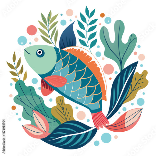 Charming stylized fish gracefully swims amidst vibrant aquatic flora and colorful bubbles, creating a serene and whimsical underwater scene perfect for nature-themed designs.
